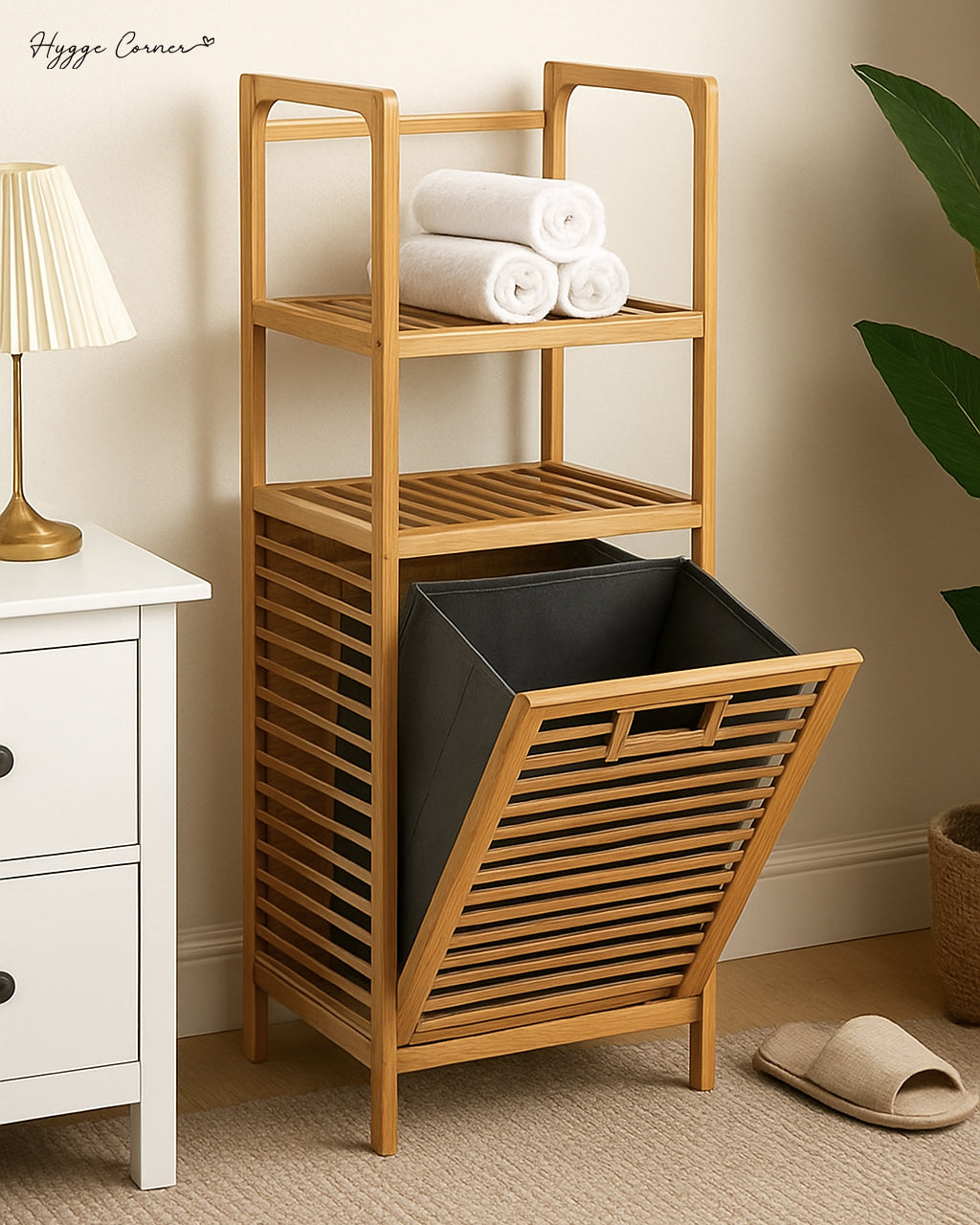 Bamboo Laundry Basket with Lined Bag Storage - Clothes Basket 2-Tier Rack