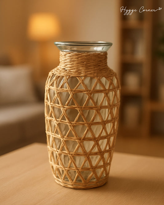 Rattan mesh glass vase