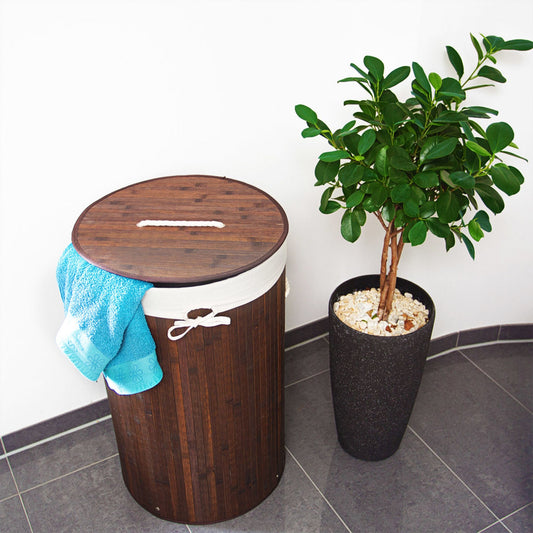 Foldable Bamboo Laundry Basket Round Dark Brown