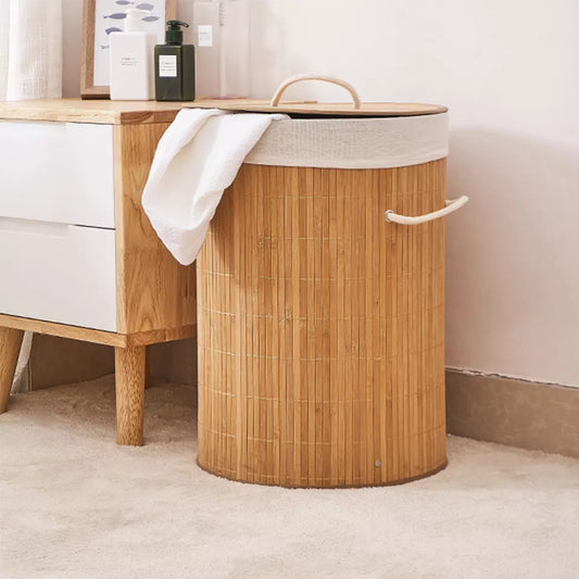 Foldable Bamboo Laundry Basket Round Light Brown