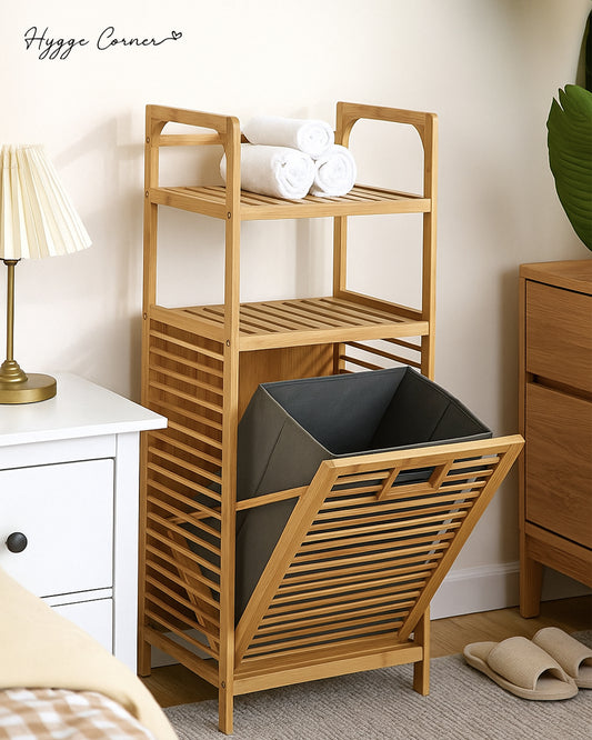 Bamboo Laundry Basket with Lined Bag Storage - Clothes Basket 2-Tier Rack
