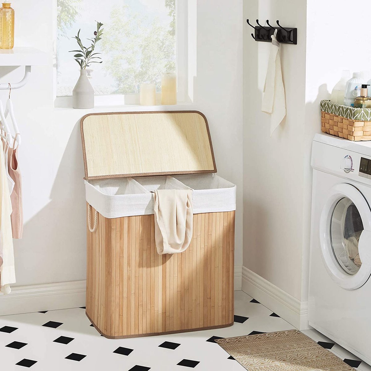 Foldable Laundry Basket 3 compartment Light Brown