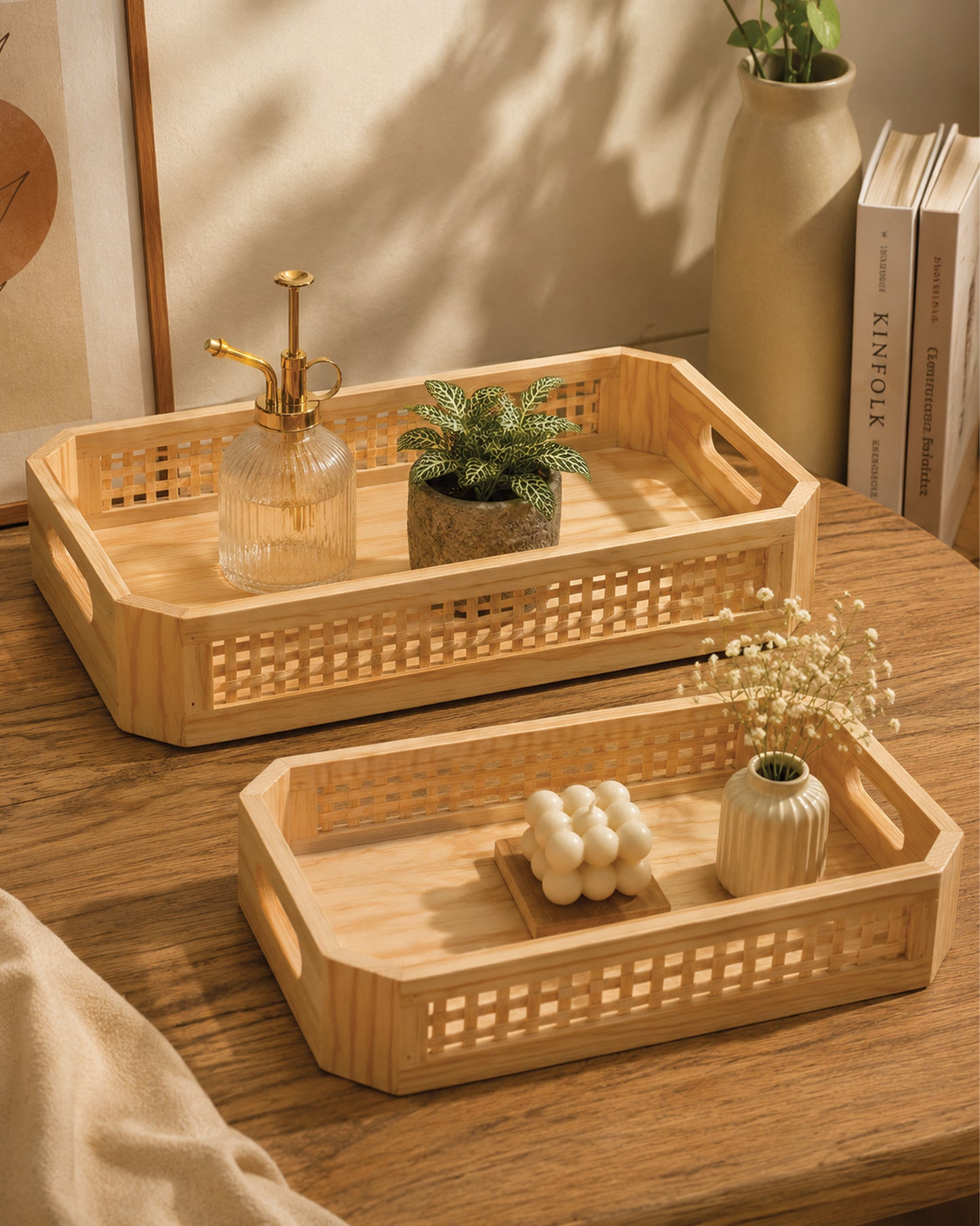 Wooden Rattan Tray - Set