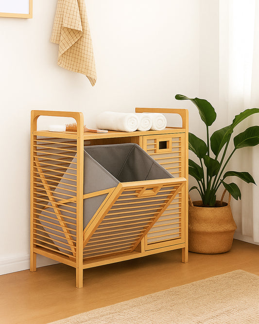 Bamboo Double Door Laundry Basket with Lined Bag Storage - Clothes Basket
