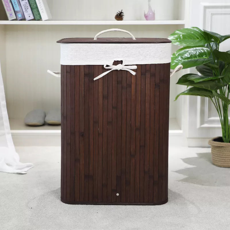 Foldable Bamboo Laundry Basket Rectanglr Dark Brown