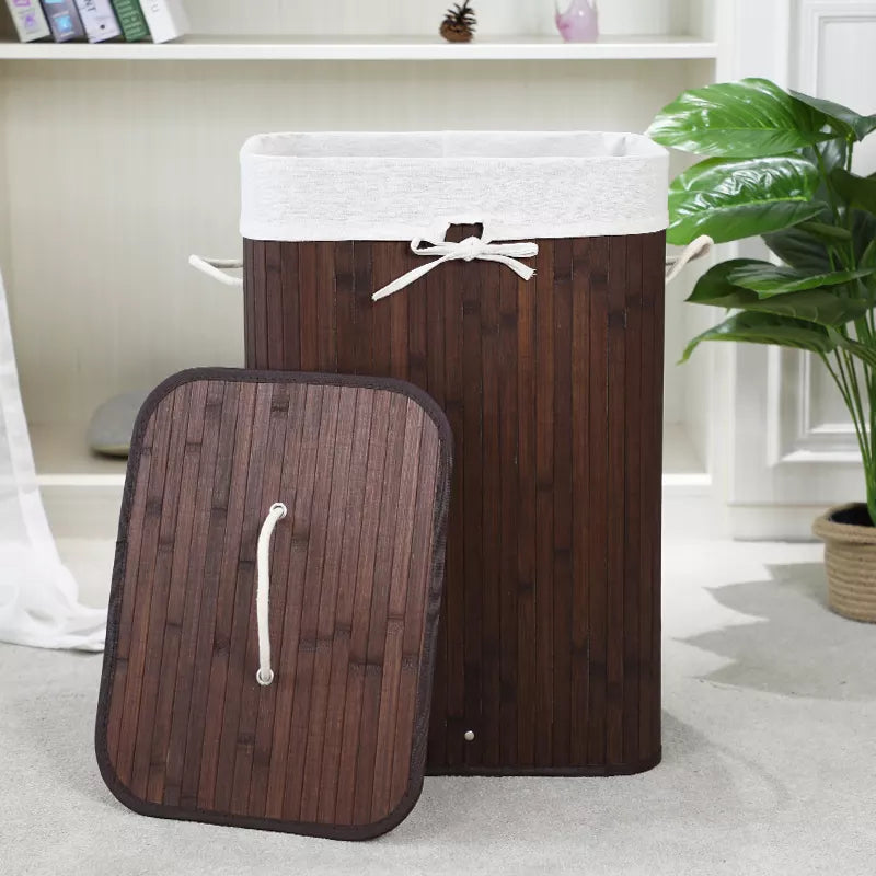 Foldable Bamboo Laundry Basket Rectanglr Dark Brown