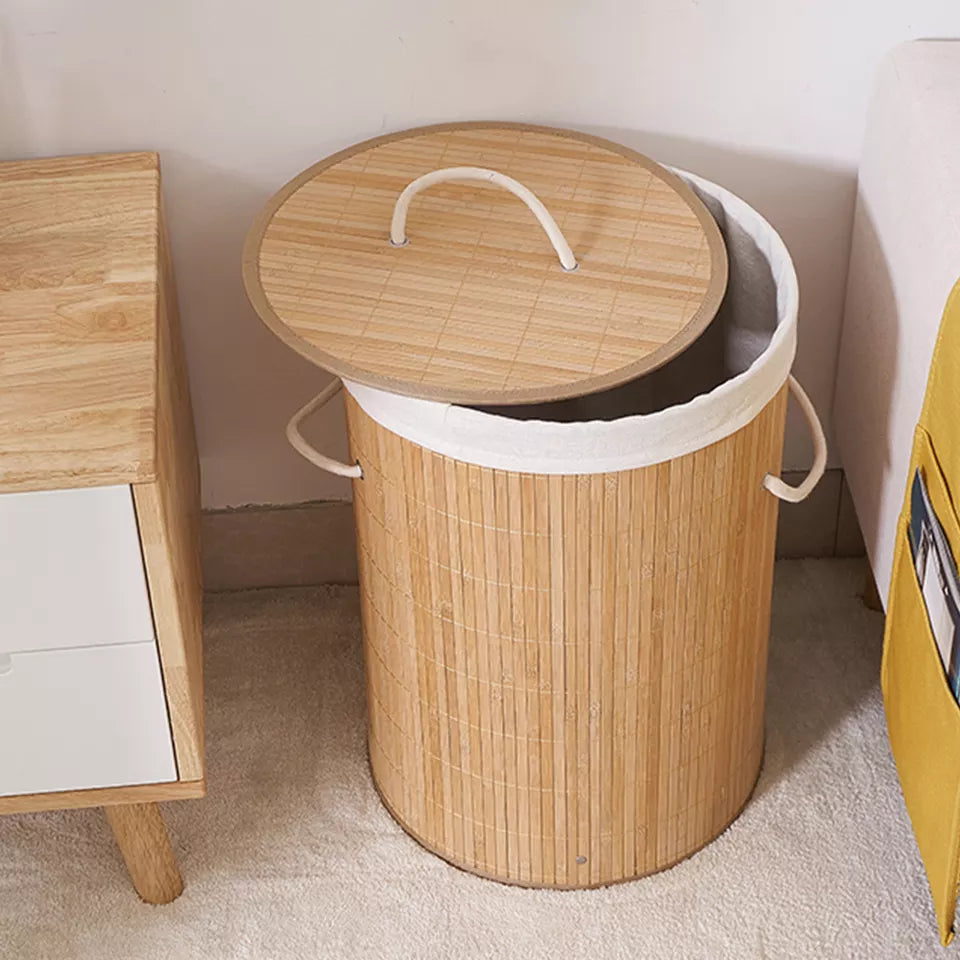 Foldable Bamboo Laundry Basket Round Light Brown